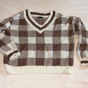 SHEIN Brown and White V-Neck Sweater